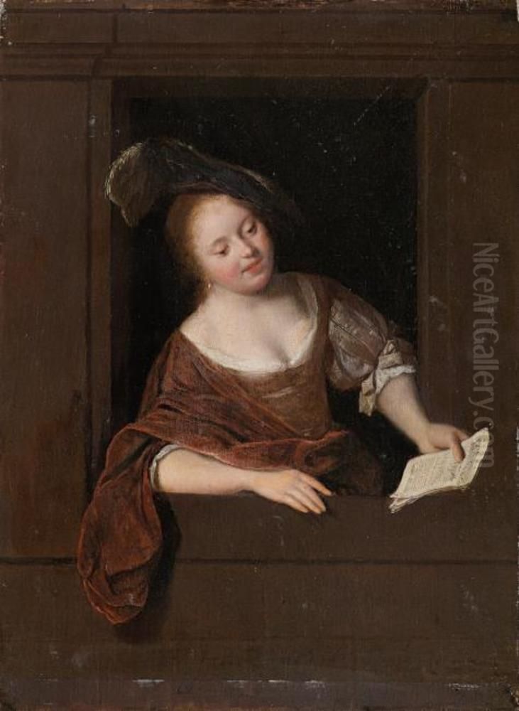 Young woman singing in a window Oil Painting by Jacob Ochtervelt