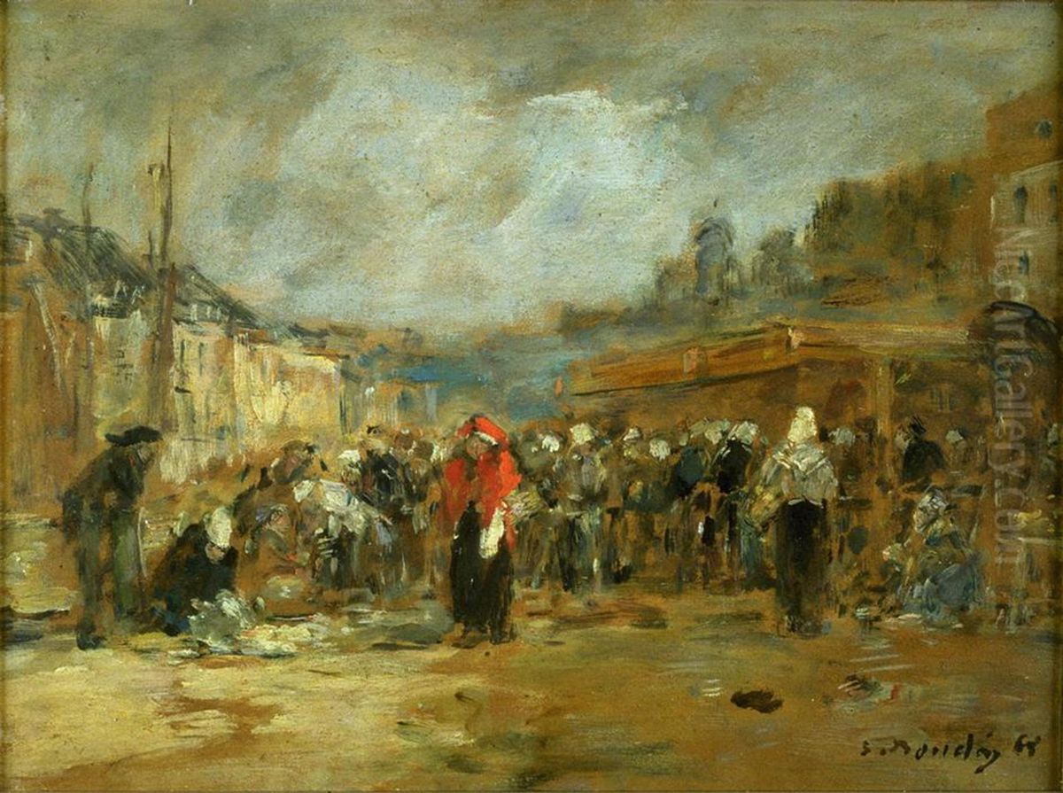 Fish Market, Honfleur Oil Painting by Eugene Louis Boudin
