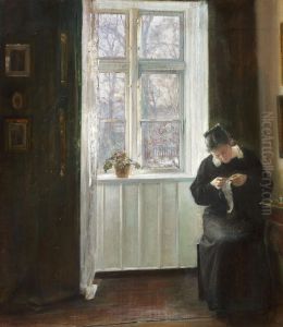 Interior with the artist's wife sewing at the window.