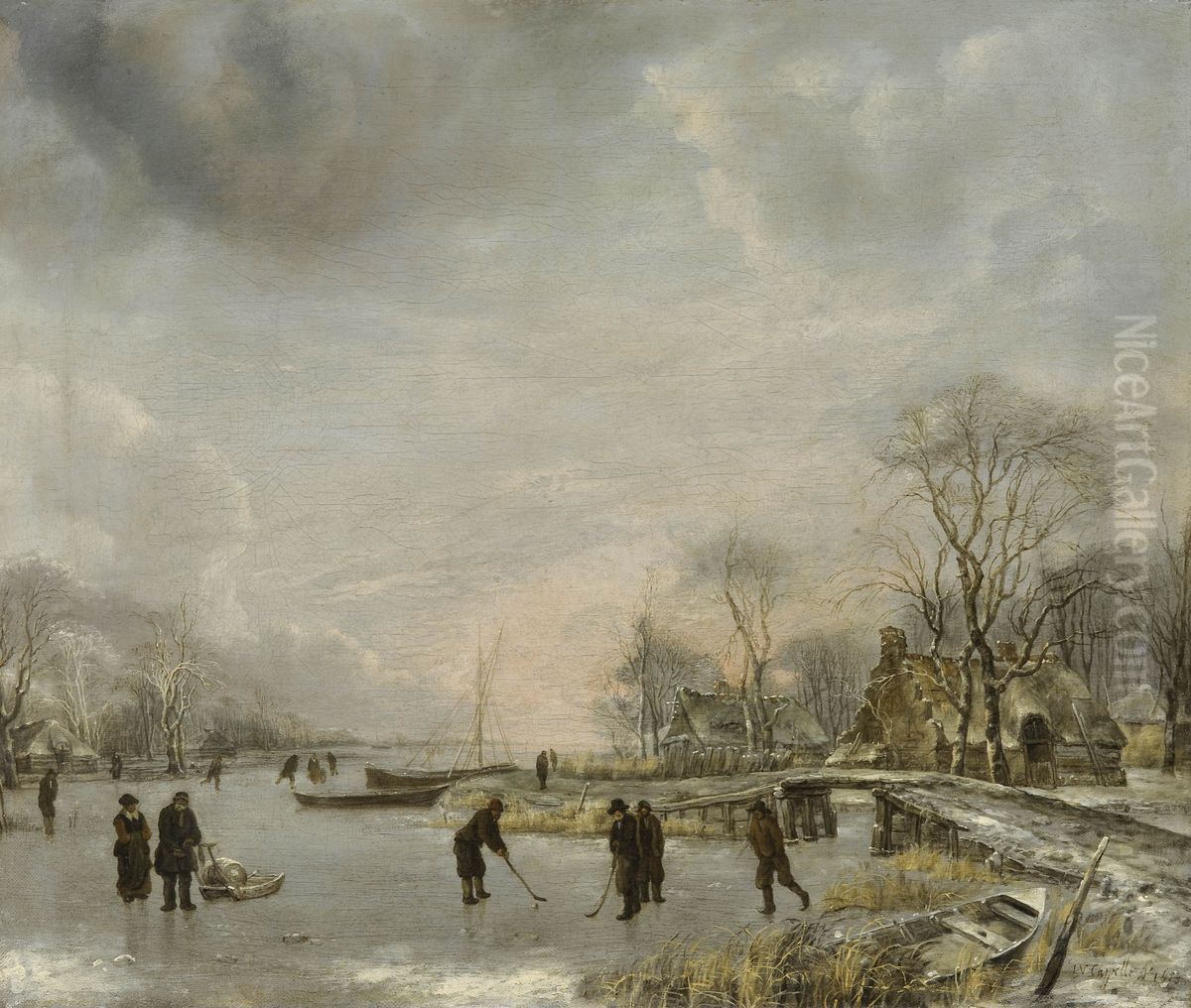 A View on a Canal in Winter Oil Painting by Jan Van De Cappelle