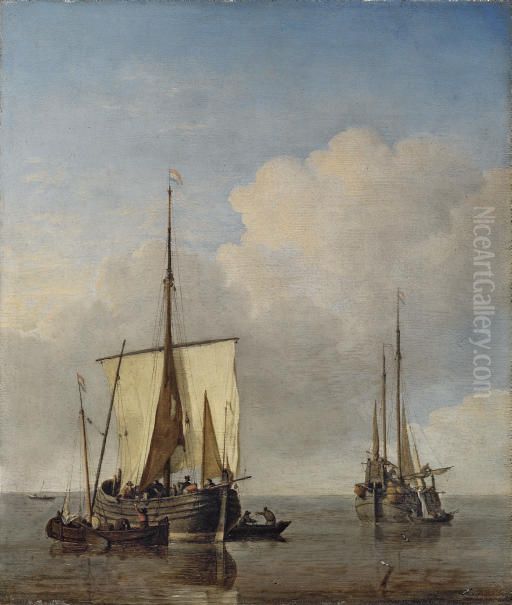 A hoeker and a buss at anchor in a calm Oil Painting by Willem van de Velde the Younger