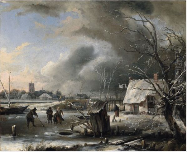 A River Scene in Winter Oil Painting by Jan Van De Cappelle