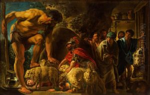 Ulysses and his men slip away concealed under rams