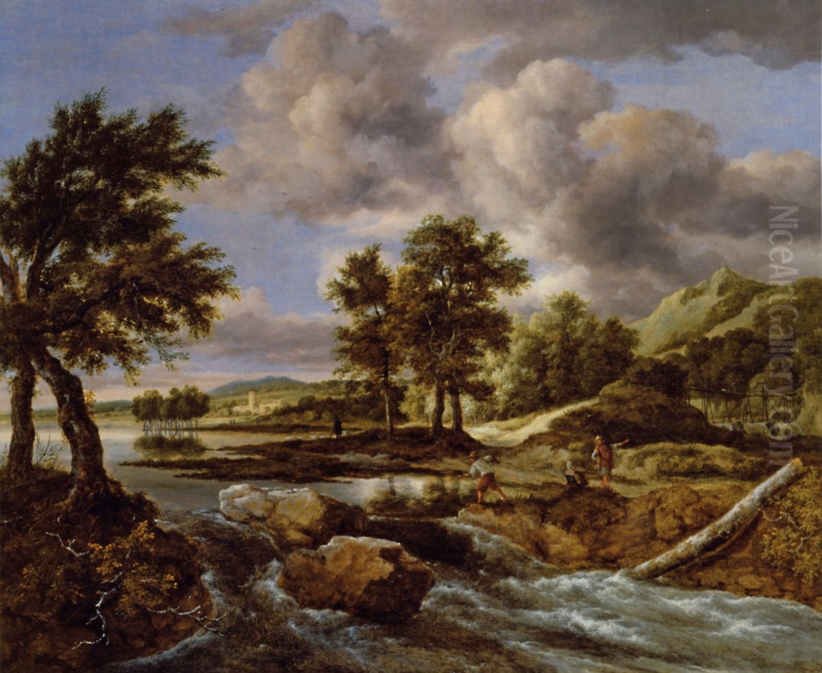 Heuvellandschap met een visser bij een waterval Oil Painting by Jacob Van Ruisdael