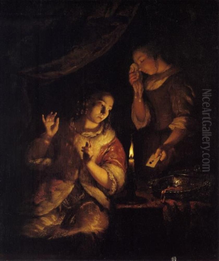 The letter with the black seal Oil Painting by Caspar Netscher