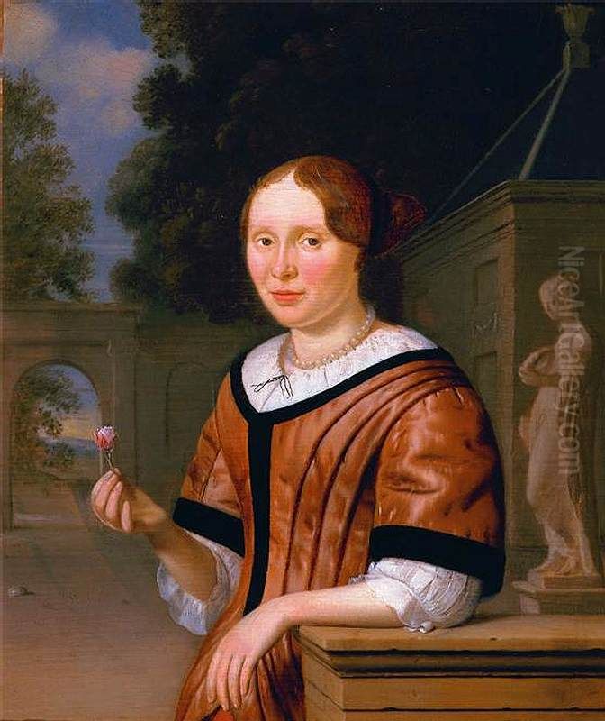 Portrait of a lady, half-length, in pink with pearls, holding a pink rose, beside a statue of Flora, in a courtyard, a landscape beyond Oil Painting by Pieter Cornelisz van Slingelandt