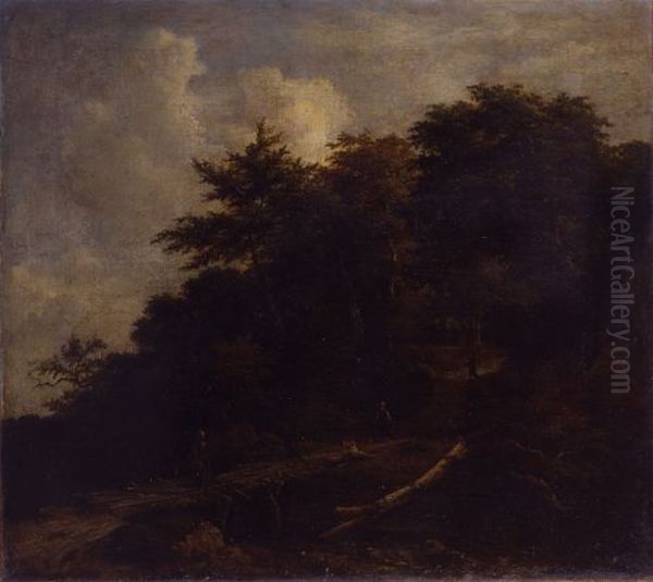 Boslandschap met enkele figuren op een weg Oil Painting by Jacob Van Ruisdael