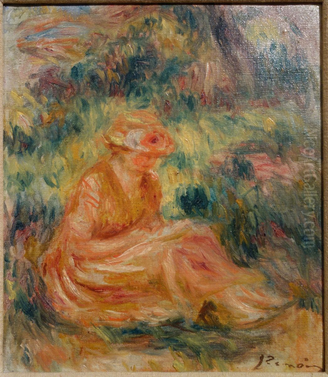 Young Woman in a Landscape Oil Painting by Pierre Auguste Renoir