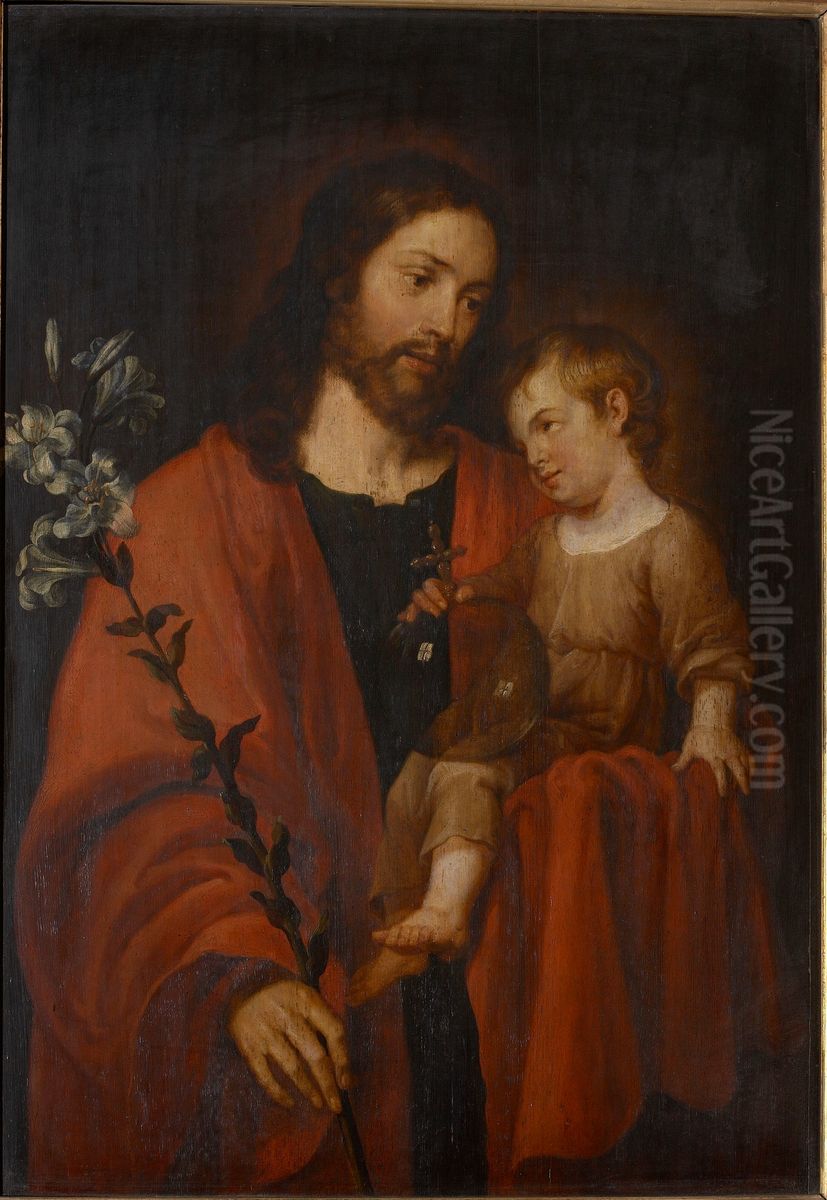Heilige Jozef draagt het Jezuskind op de linkerarm Oil Painting by Pieter van Lint