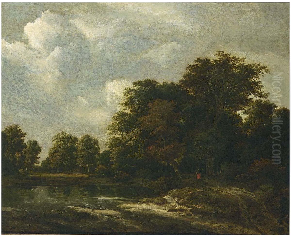 Wooded landscape with travellers on a track by a river Oil Painting by Jacob Van Ruisdael