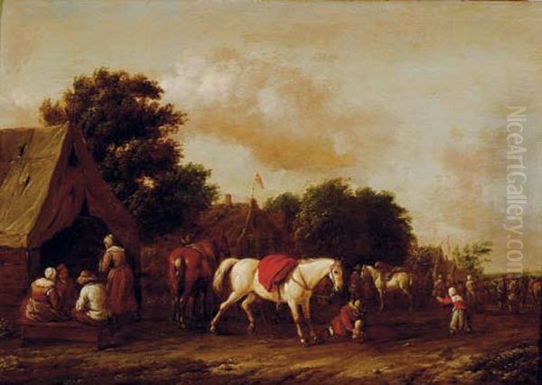 Peasants by a cottage with a horse stalling Oil Painting by Barent Gael