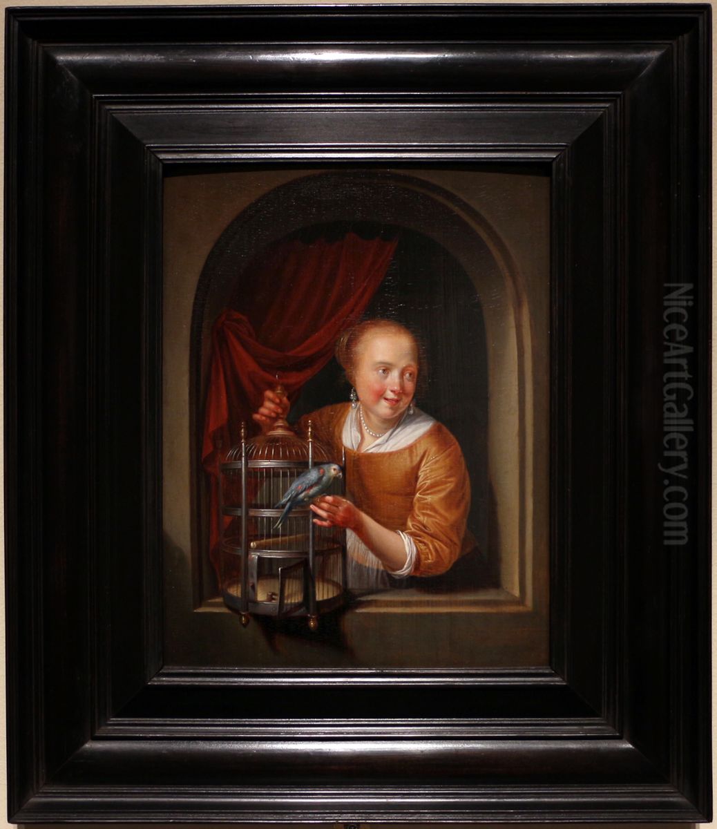A Young Woman at a Window with a Parrot and a Birdcage Oil Painting by Pieter Cornelisz van Slingelandt