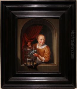 A Young Woman at a Window with a Parrot and a Birdcage