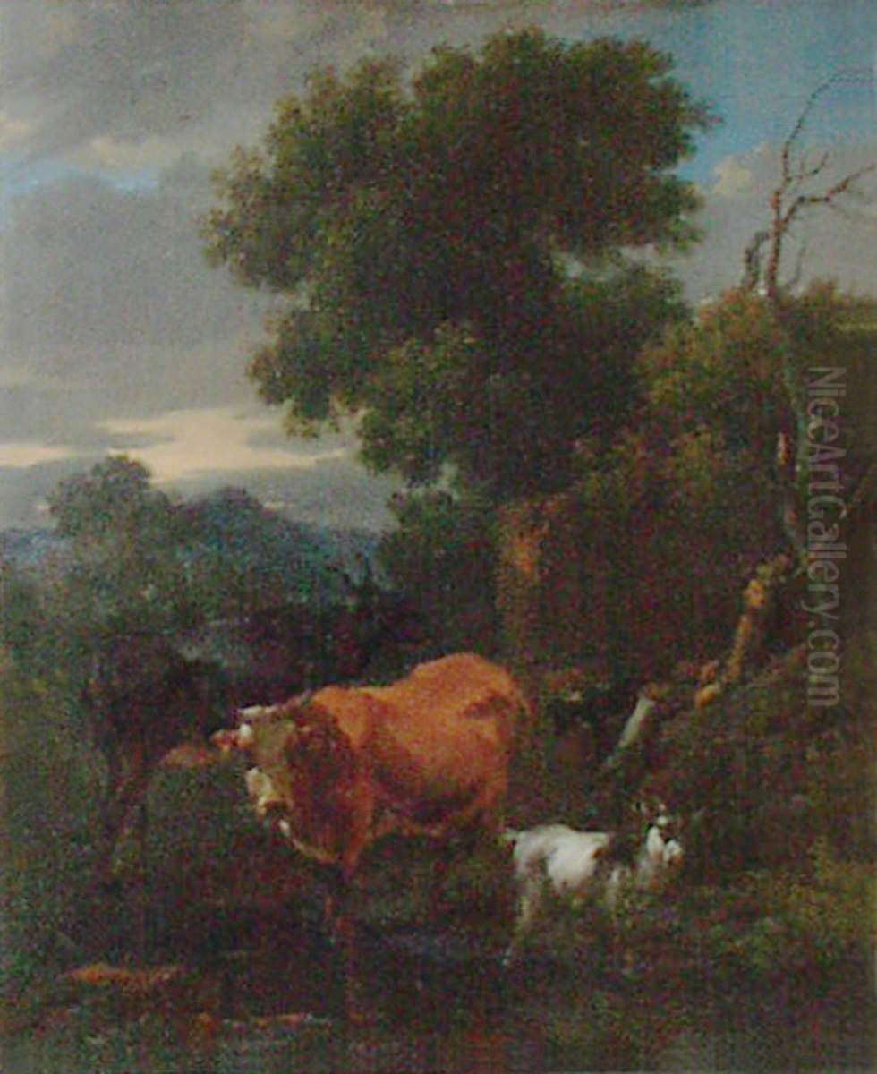Cattle in a Stream, with a Herd Boy Resting Oil Painting by Nicolaes Pieterszoon Berchem