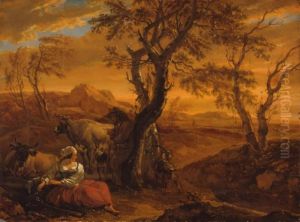 Italianate mountain landscape with shepherds in evening light