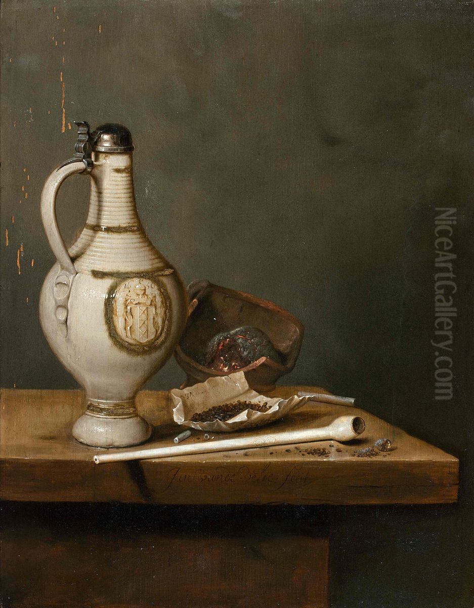 Still Life with Stoneware Jug and Pipe Oil Painting by Jan Jansz van de Velde