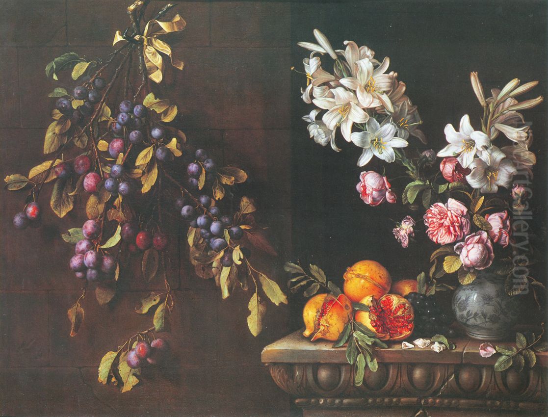 Nature morte a la branche de prunier suspendue a un mur, grenades et vase de lys sur un entablement sculpte. Oil Painting by Pierre Dupuis