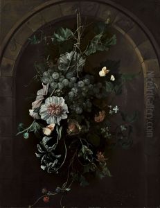A swag of fruit and flowers suspended before a stone arch A swag of fruit and flowers suspended before a stone arch