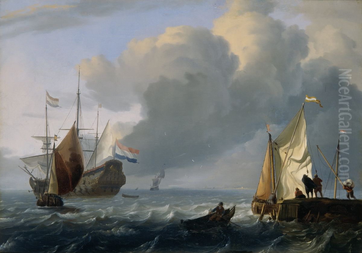 Dutch frigate and other ships off the coast; on the right side a pier where ships are loaded Oil Painting by Ludolf Bakhuizen
