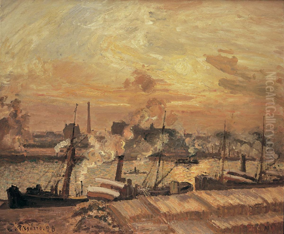 Dechargement de bois, quai de la Bourse, coucher de soleil Oil Painting by Camille Pissarro