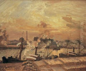 Dechargement de bois, quai de la Bourse, coucher de soleil