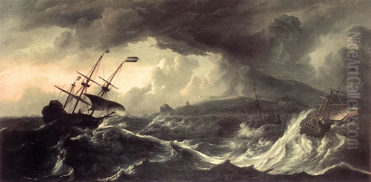 Schip in een storm nabij een bergachtige kust Oil Painting by Ludolf Bakhuizen
