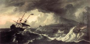 Schip in een storm nabij een bergachtige kust