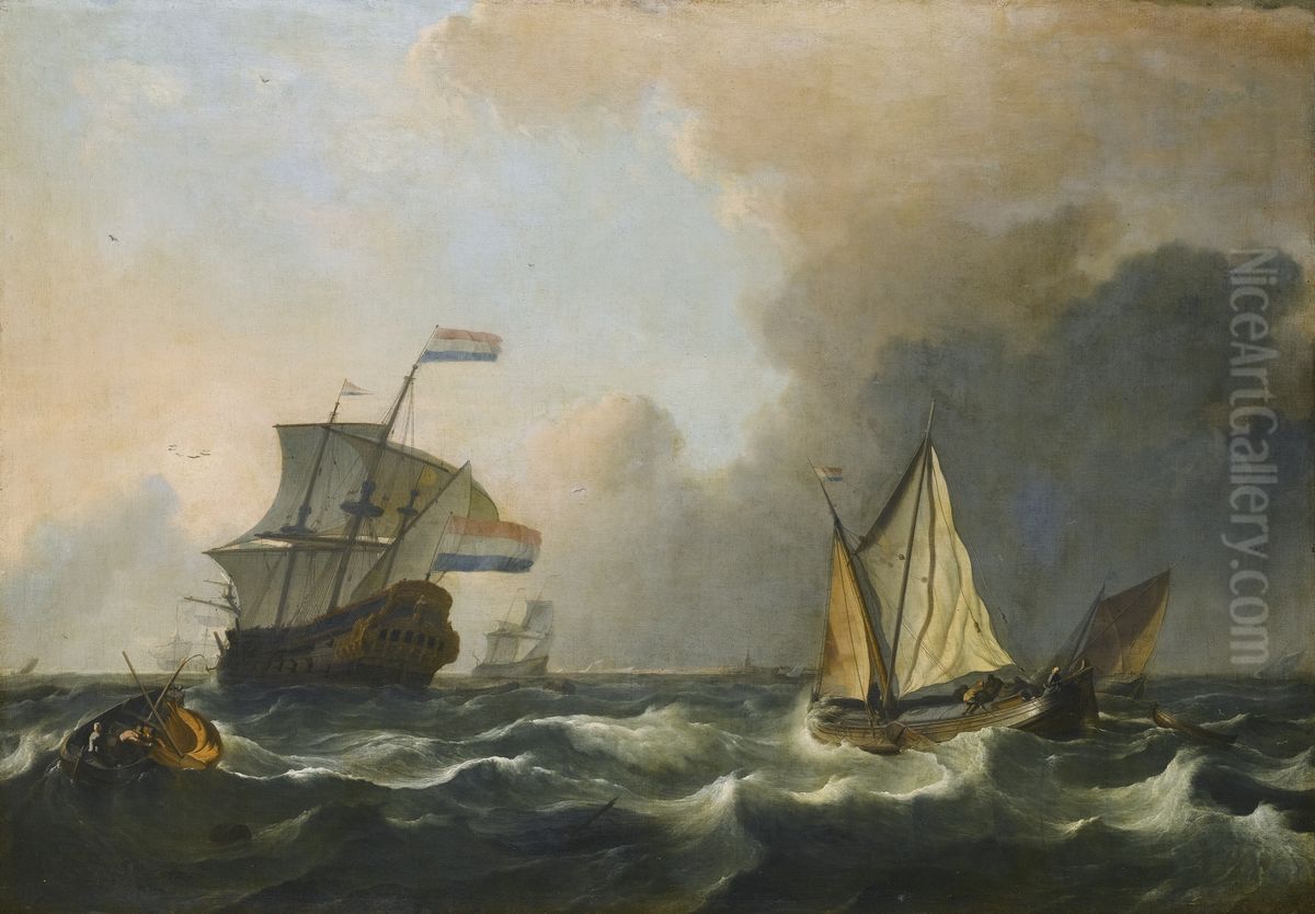 Shipping in rough waters off the Dutch coast Oil Painting by Ludolf Bakhuizen