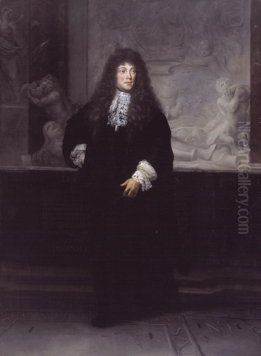 Portrait of Petrus Francius (1645-1704) standing in front of the monument od Michiel de Ruyter Oil Painting by Ludolf Bakhuizen