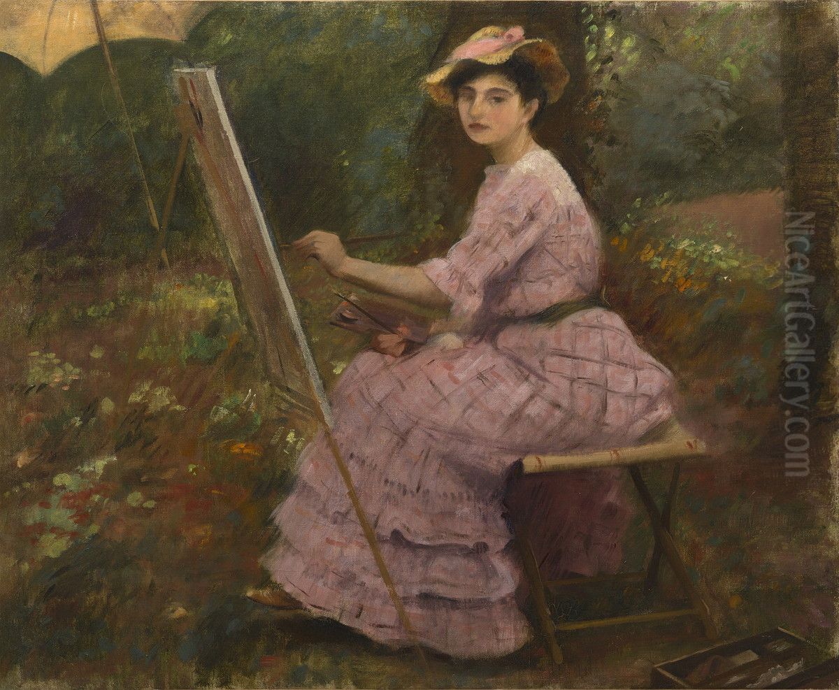 Portrait de Julie Manet peignant Oil Painting by Ernest Rouart