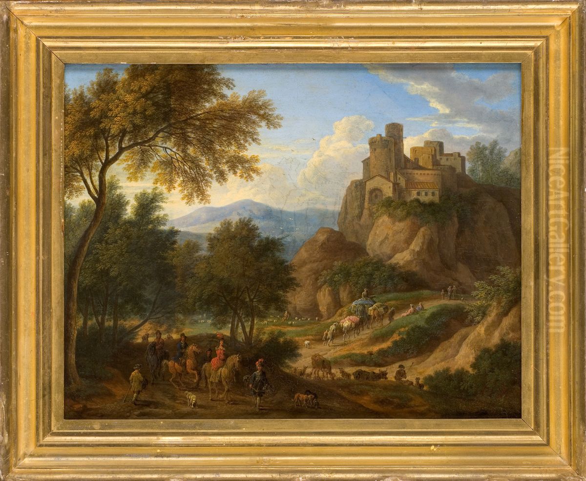 Heuvellandschap met elegant gezelschap, een kasteel in de achtergrond Oil Painting by Adriaen Frans Boudewyns