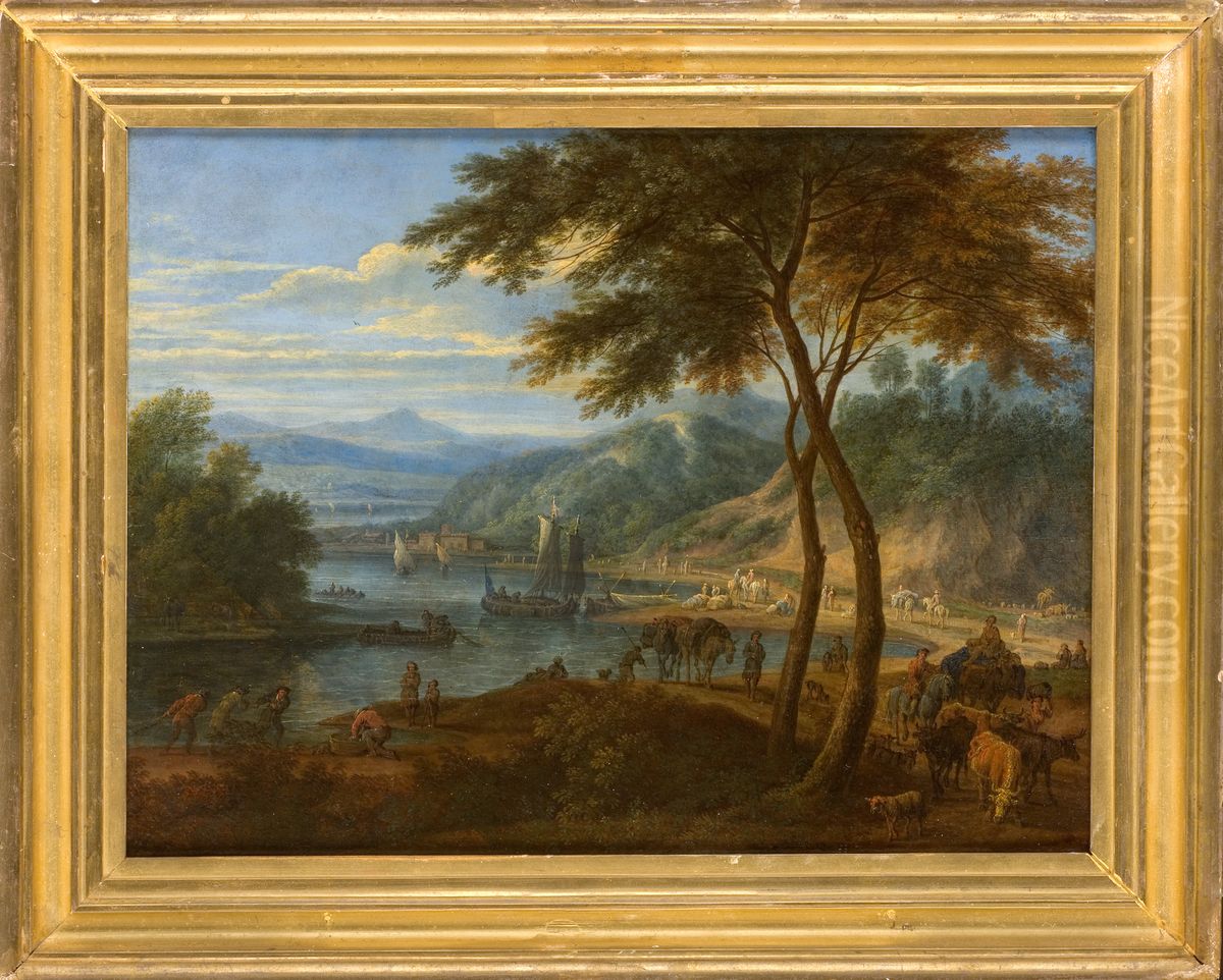 Rivierlandschap met boeren en vee op de oever Oil Painting by Adriaen Frans Boudewyns