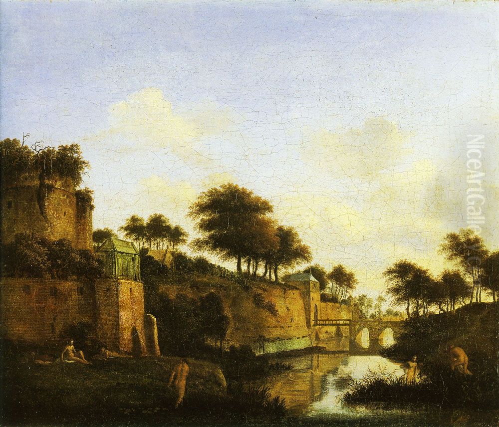 Before a City Wall Oil Painting by Jan Van Der Heyden