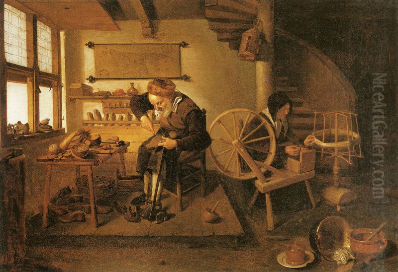 Shoemaker and Spinner in a Workshop Oil Painting by Quirijn van Brekelenkam
