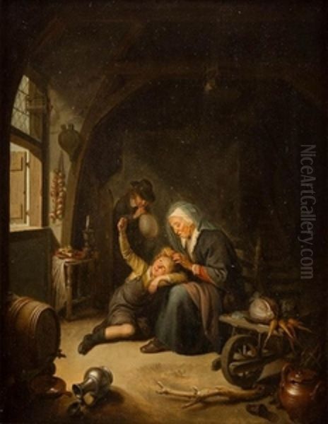 A Woman combing a Boy's Hair Oil Painting by Gerrit Dou
