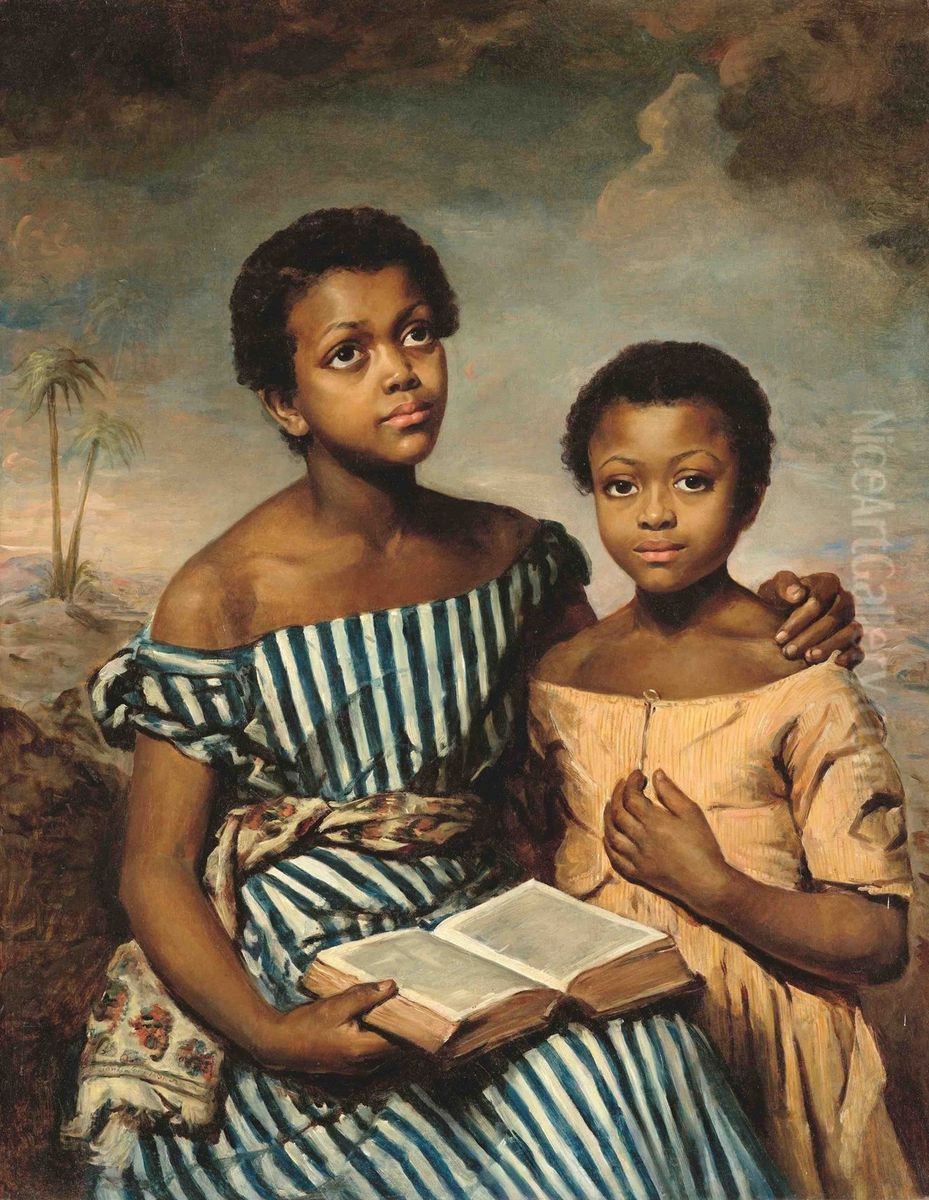 Two Children with a Book Oil Painting by Emma Soyer
