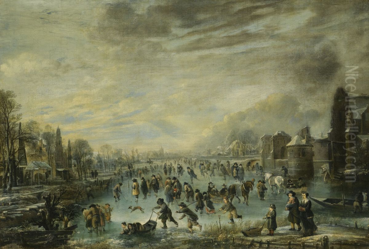 Winter landscape with figures ice skating, sleighing and playing kolf on a frozen river Oil Painting by Aert van der Neer