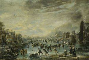 Winter landscape with figures ice skating, sleighing and playing kolf on a frozen river