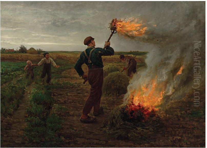 Burning Tares in a Wheatfield Oil Painting by Jules Breton