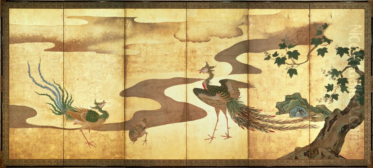 Phoenixes by Paulownia Trees Oil Painting by unknown
