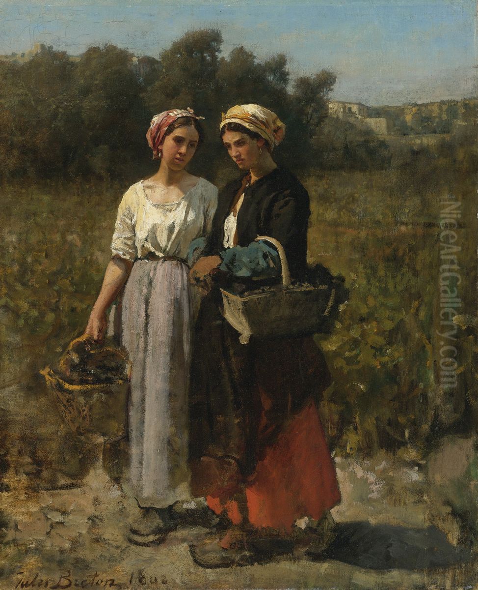 Two young woman picking grapes Oil Painting by Jules Breton