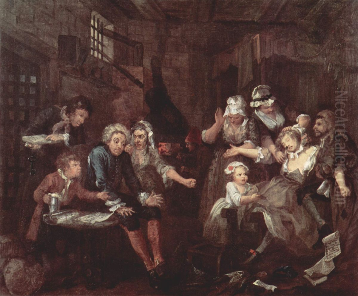 Gemaldefolge >>Der Lebensweg eines Wustlings<<, Szene: Das Gefangnis Oil Painting by William Hogarth