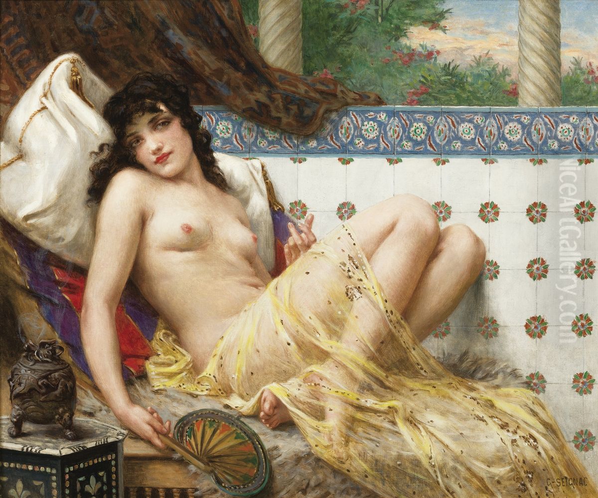 Odalisque with a Fan Oil Painting by Guillaume Seignac