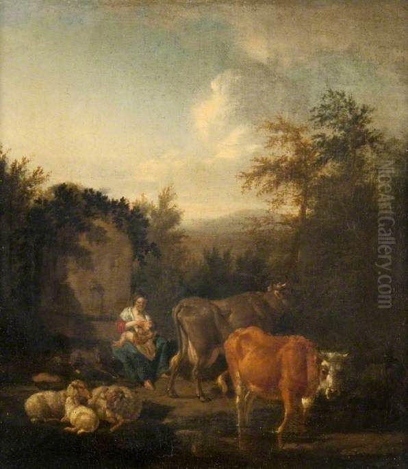 A Woman and a Child, Cattle and Sheep by a Fountain Oil Painting by Adriaen Van De Velde