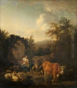 A Woman and a Child, Cattle and Sheep by a Fountain