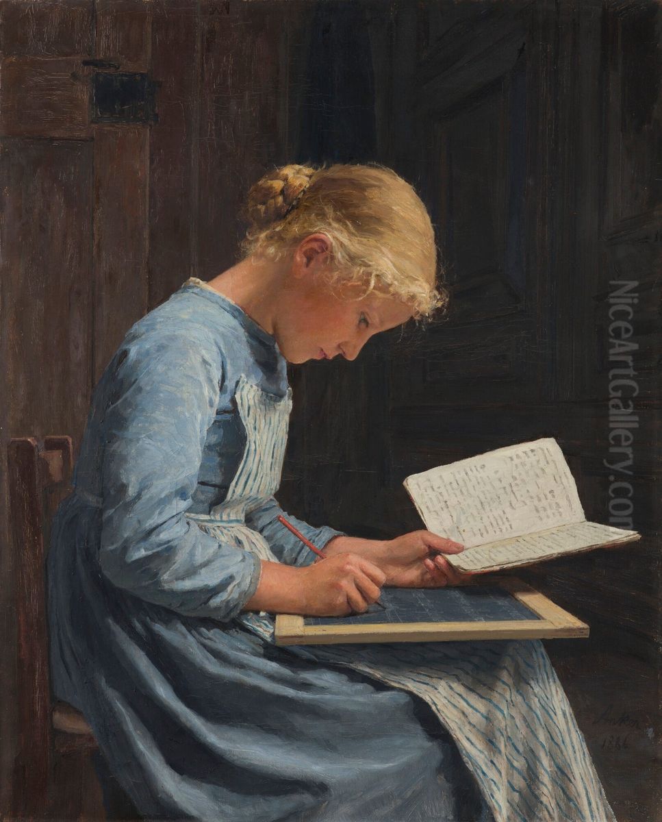 diligent Oil Painting by Albert Anker
