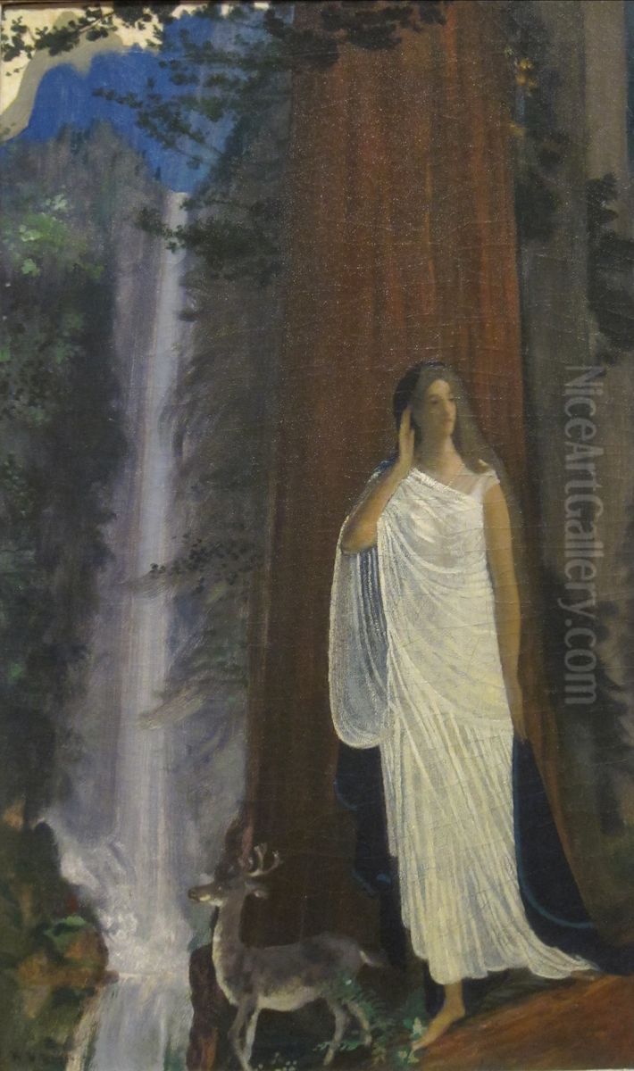 Silence, Waterfall and Forest Oil Painting by Arthur Bowen Davies