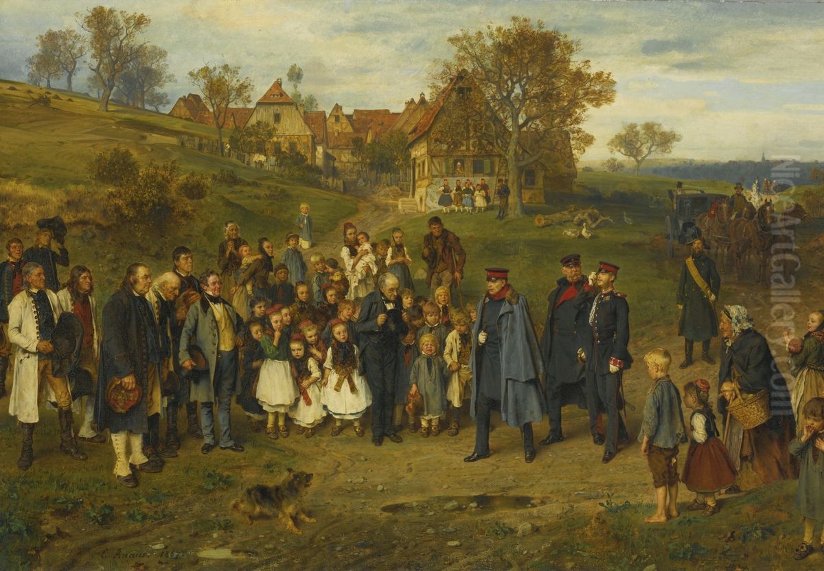 His Highness on a journey / Spreading Peace (Otto von Bismarck and his Prussian officers touring a village after the Austro-Prussian War of 1866) Oil Painting by Ludwig Knaus