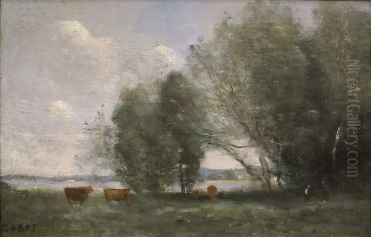 Grazing at the Water's Edge Oil Painting by Jean-Baptiste Camille Corot