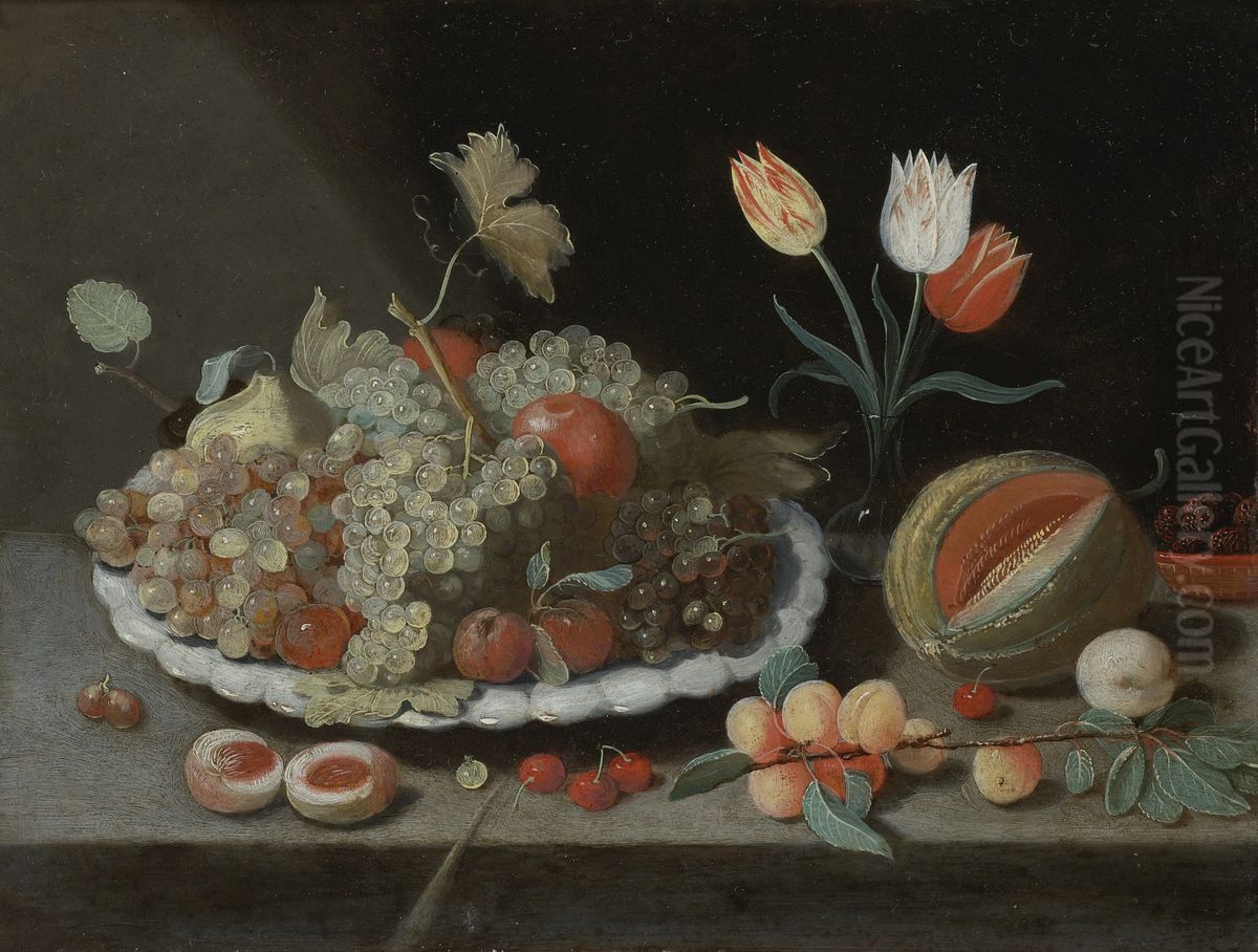 Still life with grapes and other fruit on a platter, a glass vase with tulips, a melon, apricots, cherries and other fruits, all on a ledge Oil Painting by Jan van Kessel the Elder
